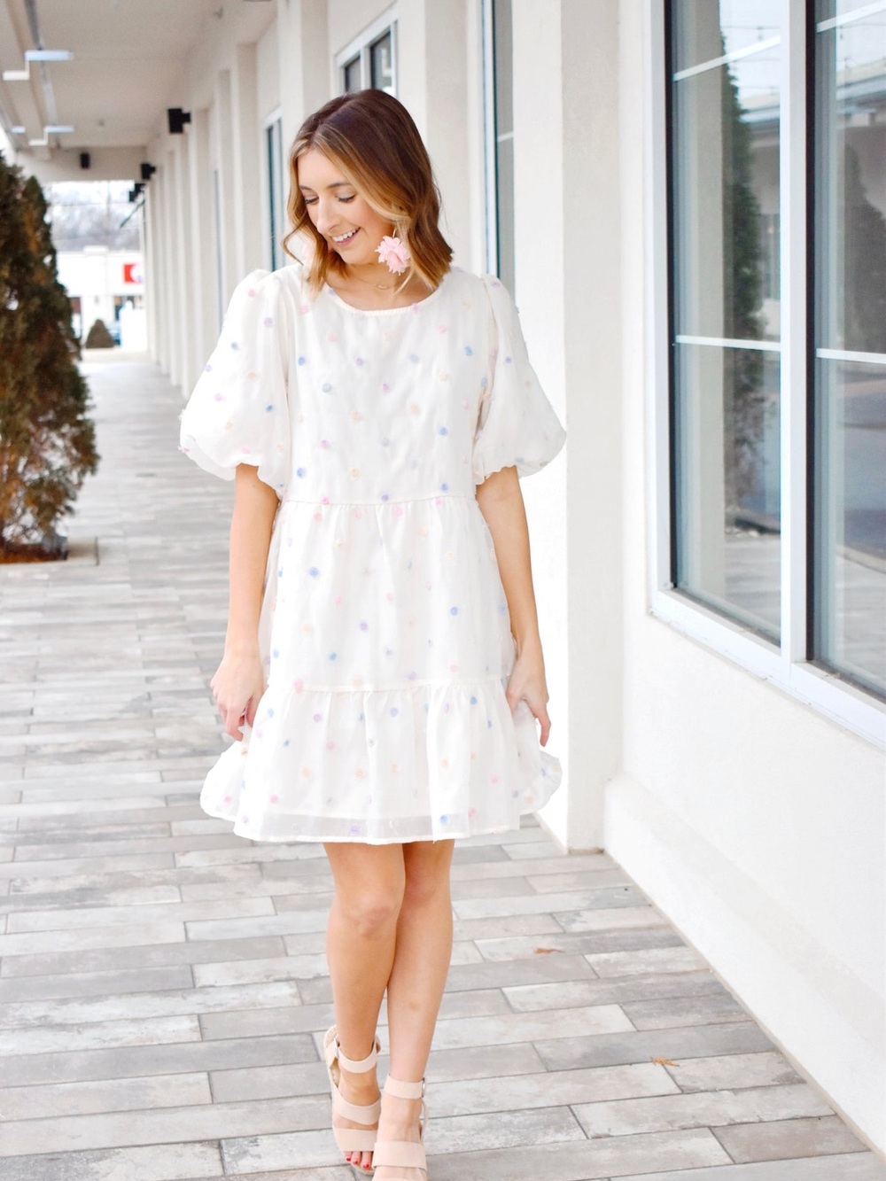 entro Cream Tiered Mini Dress with Pastel Polka Dots - Picture 10 of 12